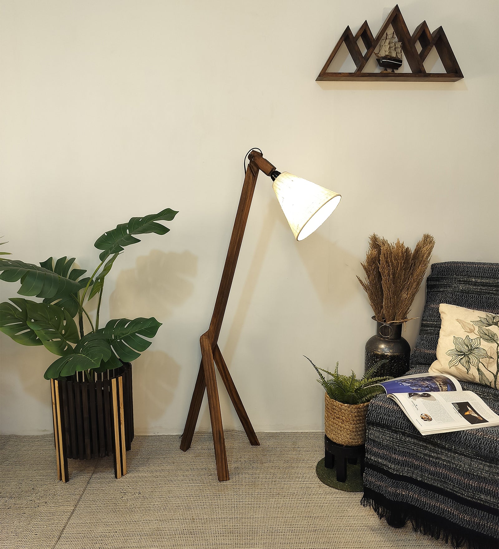 Melman Wooden Floor Lamp with Brown Base and Beige Fabric Lampshade (BULB NOT INCLUDED)