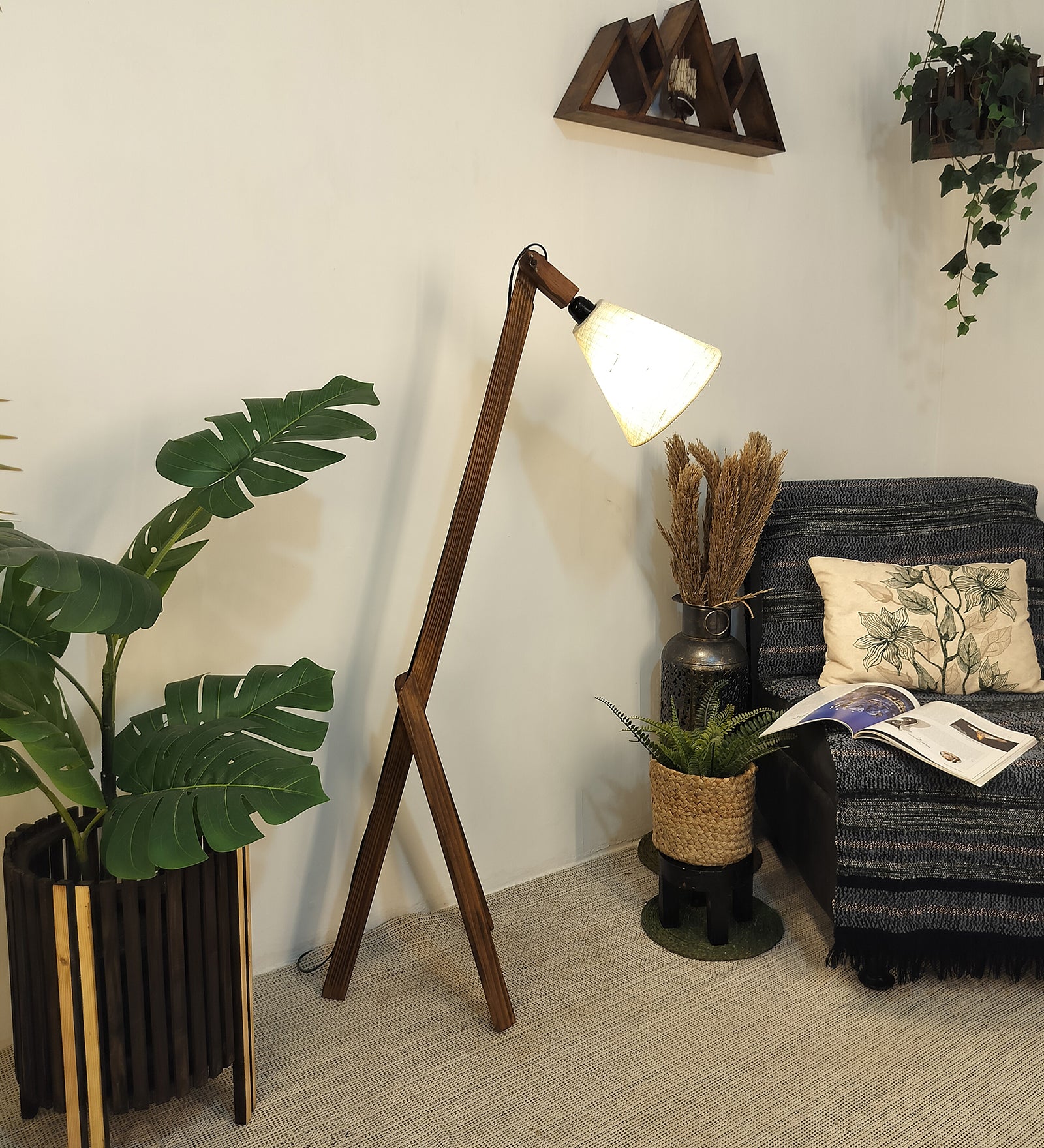 Melman Wooden Floor Lamp with Brown Base and Beige Fabric Lampshade (BULB NOT INCLUDED)