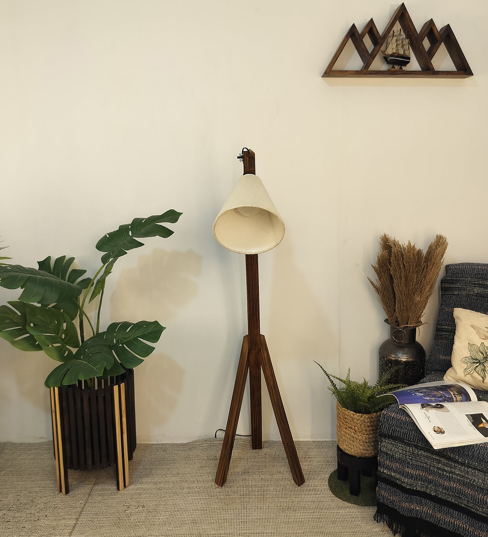 Melman Wooden Floor Lamp with Brown Base and Beige Fabric Lampshade (BULB NOT INCLUDED)