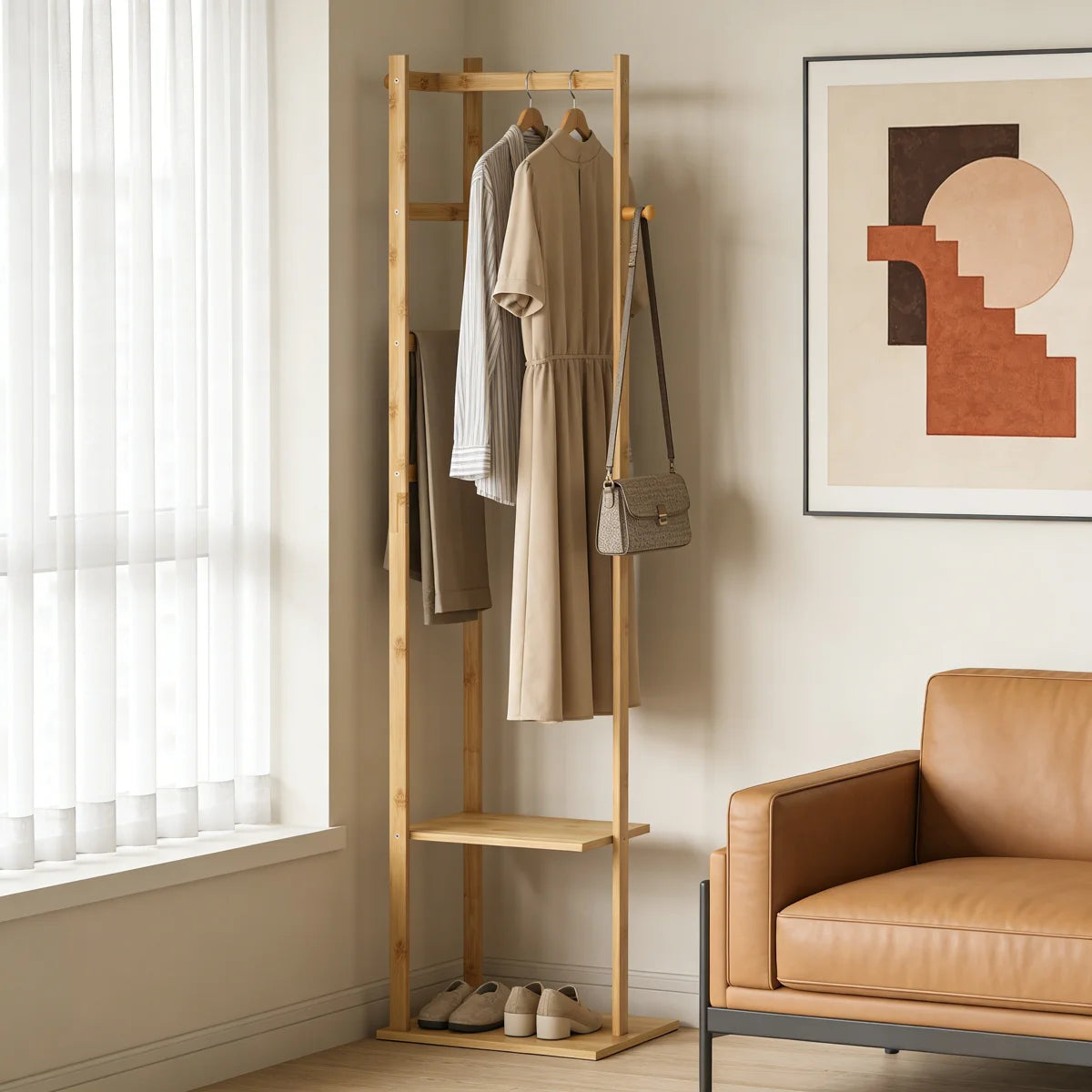 Ouch Cart Bamboo Coat Rack | 4-in-1 Entryway Hall Tree with Hooks & Storage Shelves