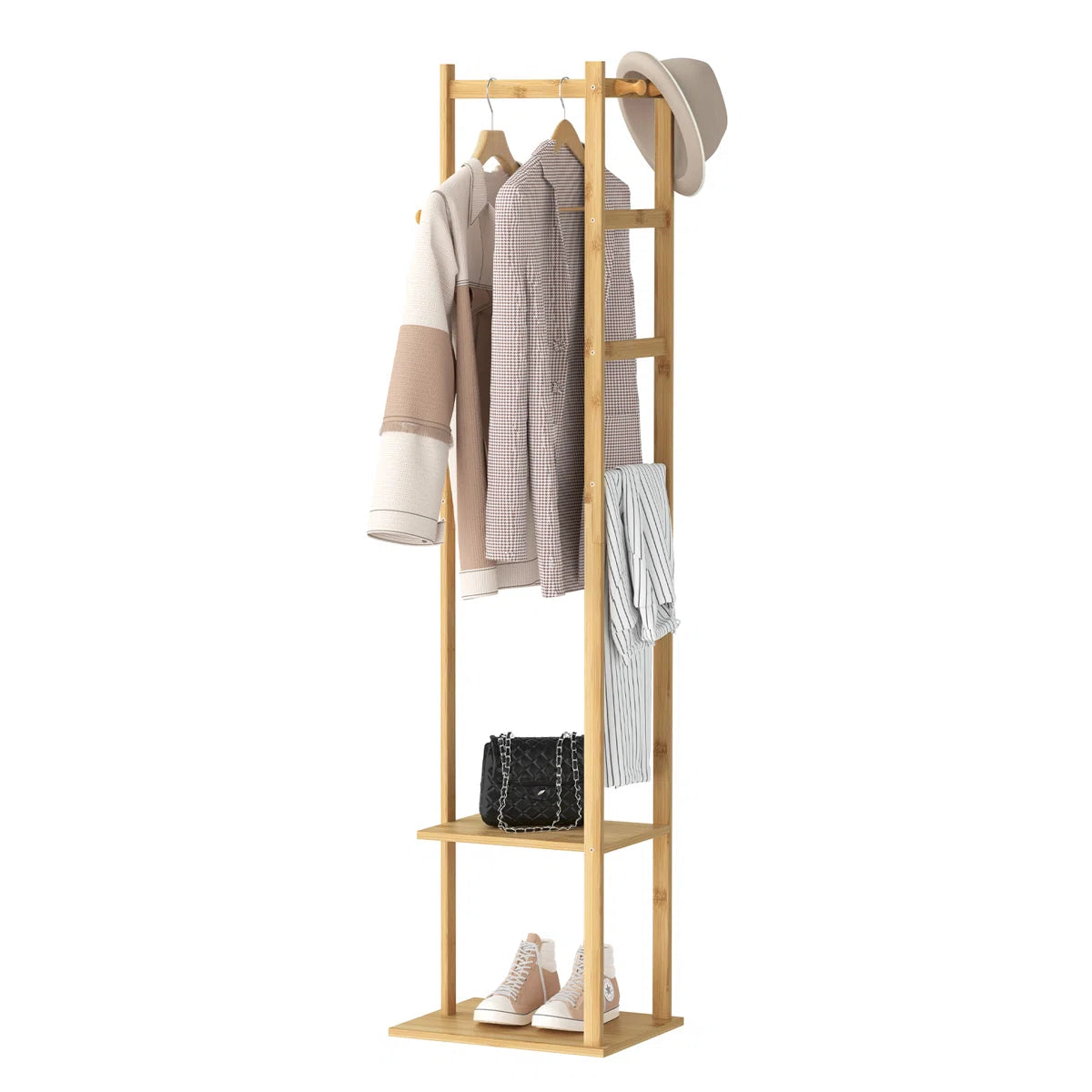 Ouch Cart Bamboo Coat Rack | 4-in-1 Entryway Hall Tree with Hooks & Storage Shelves
