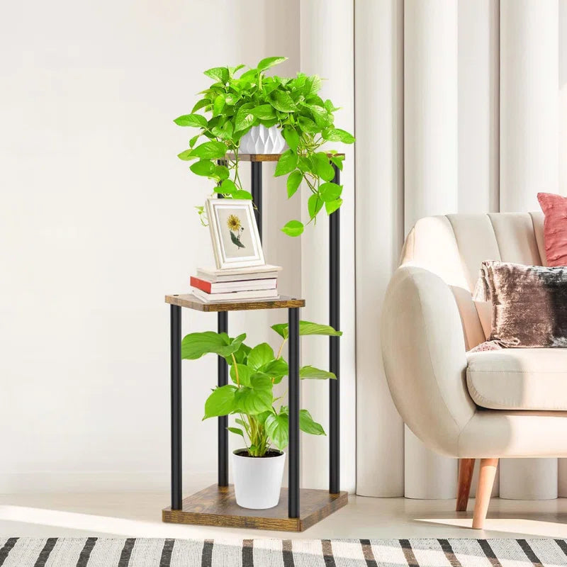 3-Tier Iron & Wood Corner Plant Stand