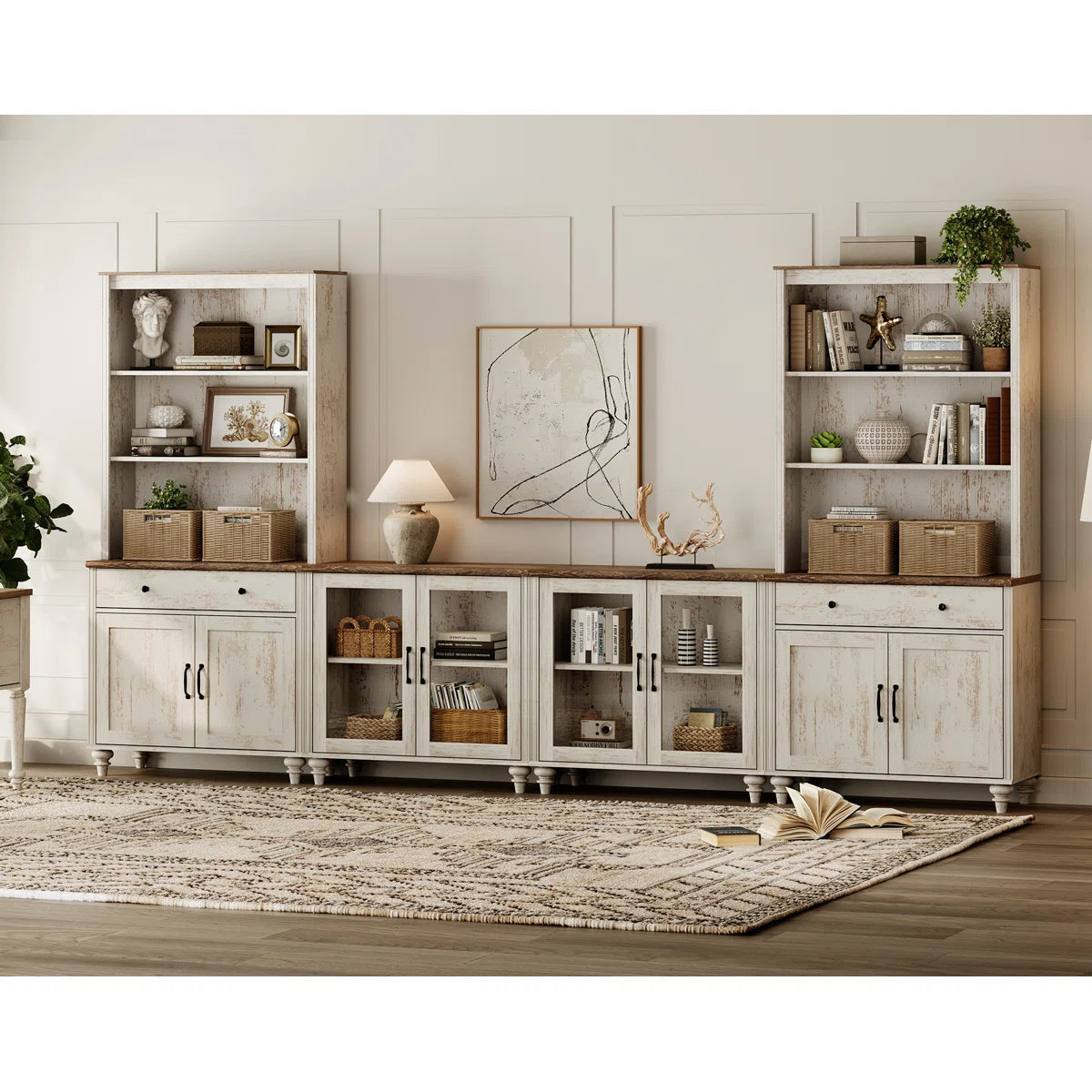 Farmhouse Wooden TV Entertainment Center with Storage & Bookshelves