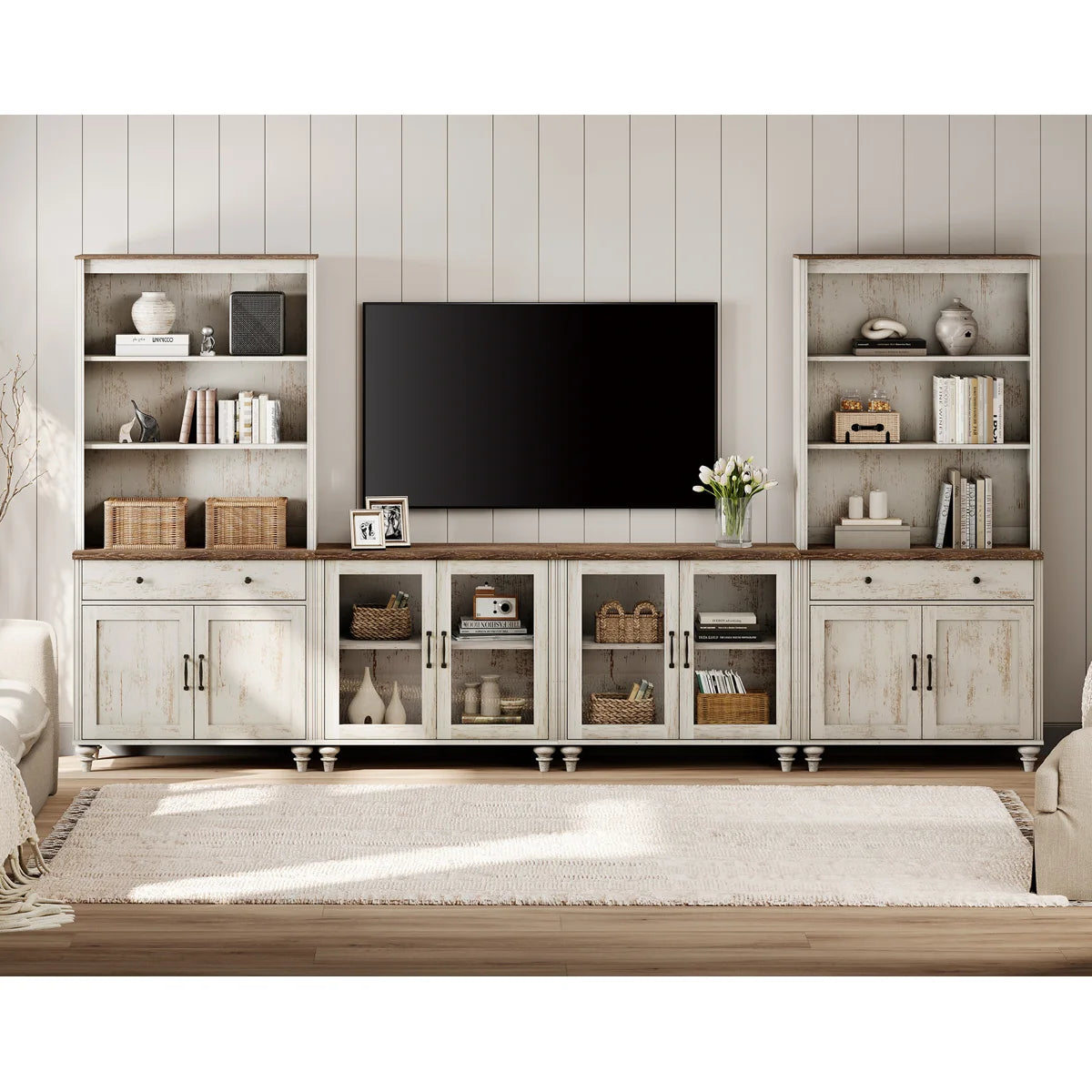 Farmhouse Wooden TV Entertainment Center with Storage & Bookshelves