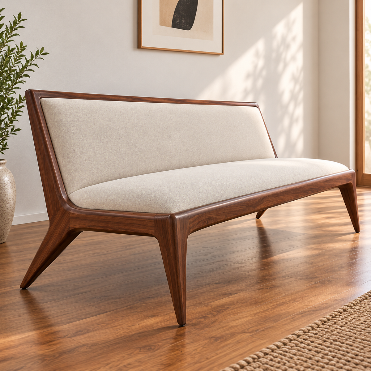 Mid-Century Modern Wooden Sofa | Solid Walnut Finish 3 Seater Sofa with Cream Upholstery & Tapered Legs for Living Room