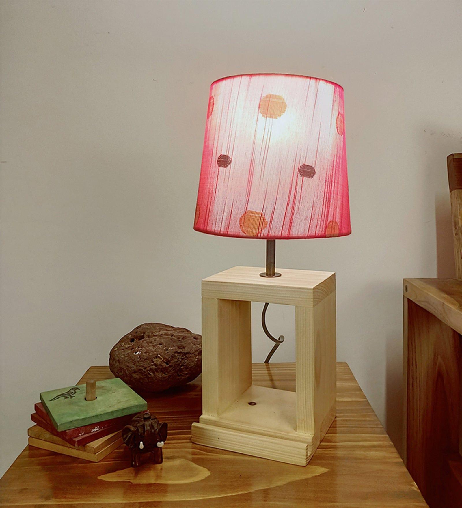 Moby Beige Wooden Table Lamp with Red Printed Fabric Lampshade (BULB NOT INCLUDED) - Ouch Cart 