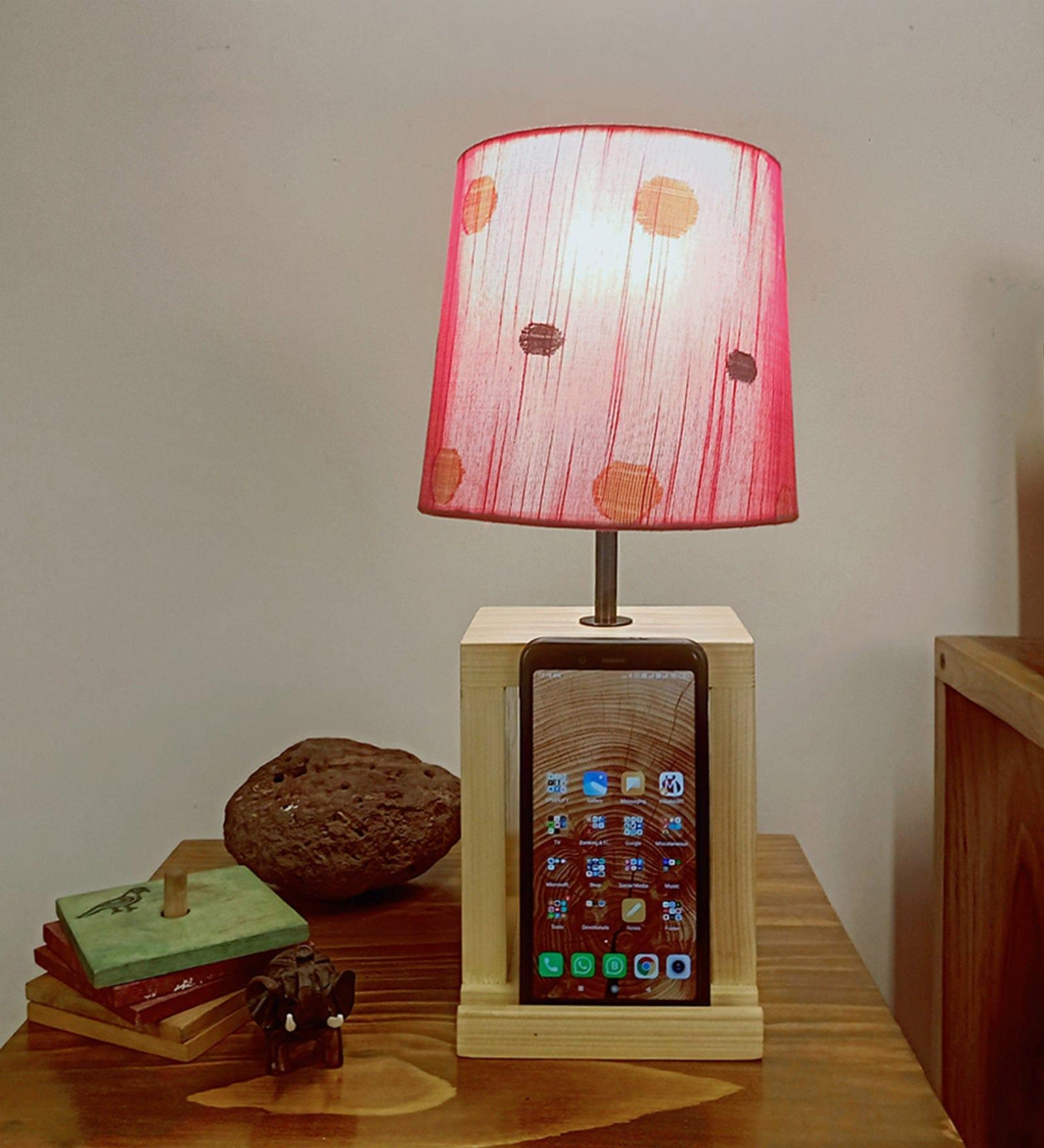 Moby Beige Wooden Table Lamp with Red Printed Fabric Lampshade (BULB NOT INCLUDED) - Ouch Cart 