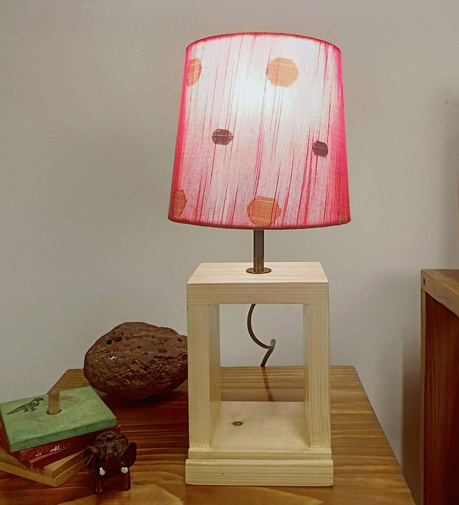 Moby Beige Wooden Table Lamp with Red Printed Fabric Lampshade (BULB NOT INCLUDED) - Ouch Cart 