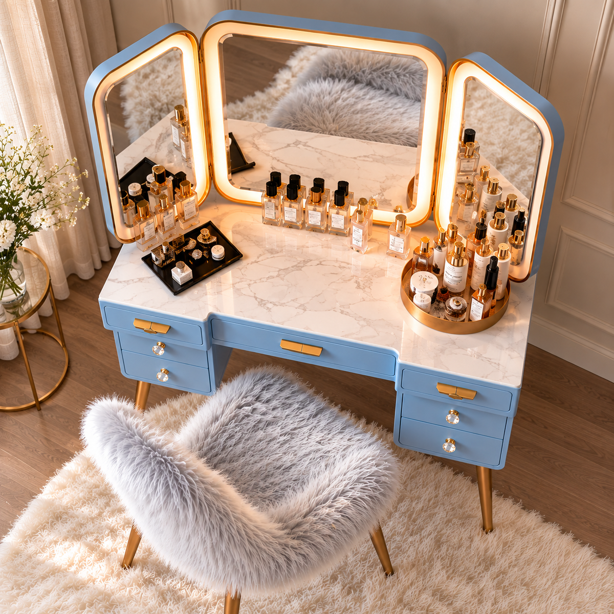 Modern Blue Dressing Table with LED Tri-Fold Mirror, 5 Drawers, Gold Metal Legs and Handles, Luxury Makeup Vanity Table with Marble Top and Matching Faux Fur Stool for Bedroom