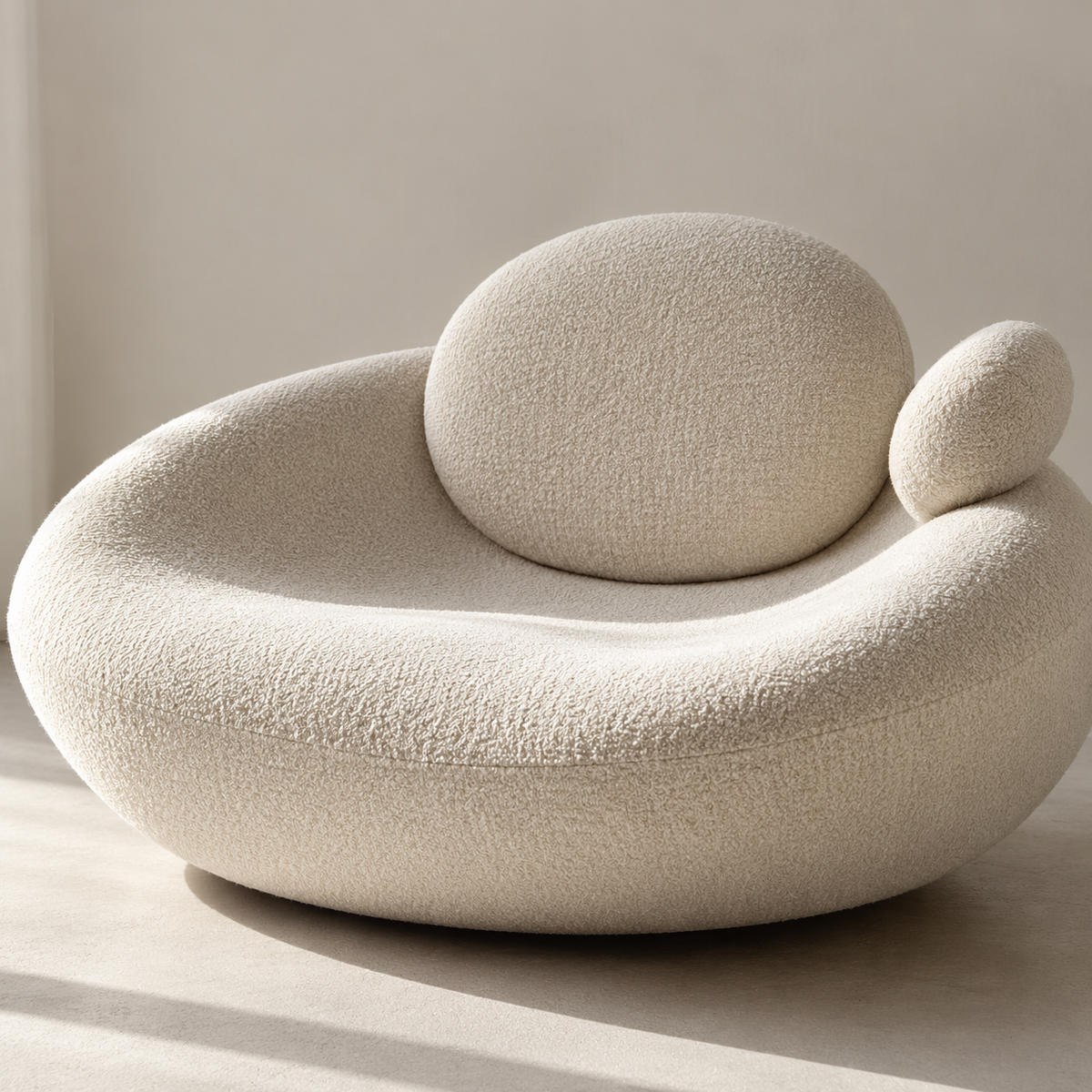 Modern Boucle Lounge Chair for Living Room, Cream Upholstered Curved Sofa Chair with Round Back Cushion & Side Pillow, Plush Accent Seating for Bedroom, Lounge & Reception