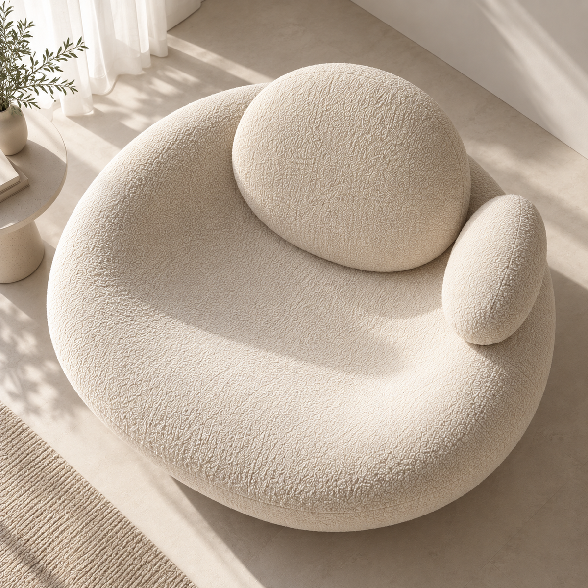 Modern Boucle Lounge Chair for Living Room, Cream Upholstered Curved Sofa Chair with Round Back Cushion & Side Pillow, Plush Accent Seating for Bedroom, Lounge & Reception