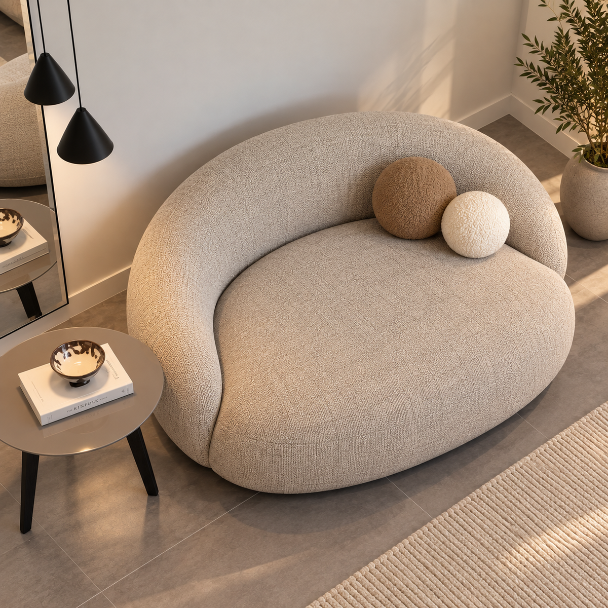 Modern Boucle Sofa for Living Room, Curved Round 2 Seater Sofa with Plush Upholstery & Decorative Ball Cushions, Beige Accent Sofa for Bedroom, Lounge & Reception