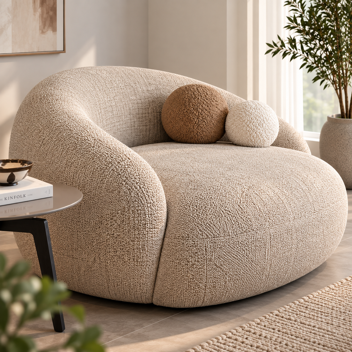 Modern Boucle Sofa for Living Room, Curved Round 2 Seater Sofa with Plush Upholstery & Decorative Ball Cushions, Beige Accent Sofa for Bedroom, Lounge & Reception