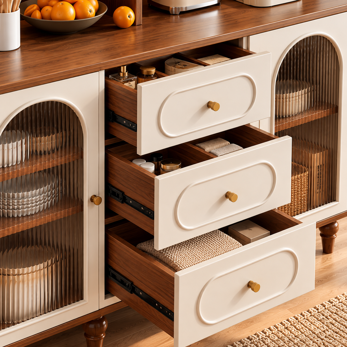 Modern Cream & Walnut Sideboard Cabinet with Fluted Glass Doors, Drawers & Open Hutch