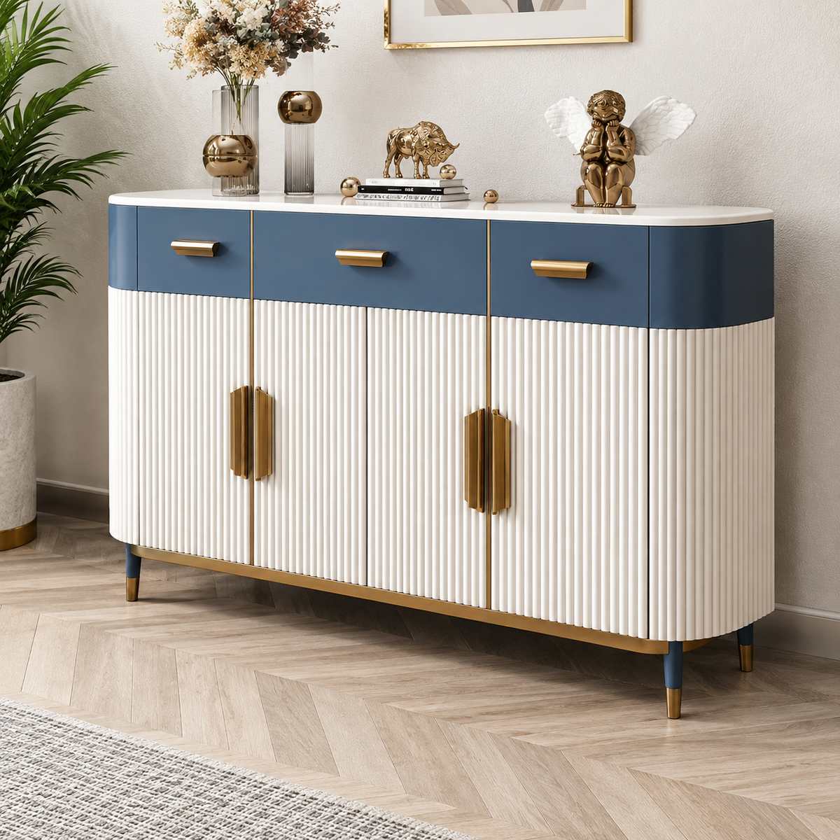 Modern Fluted Sideboard Cabinet with Blue Drawers & Gold Handles