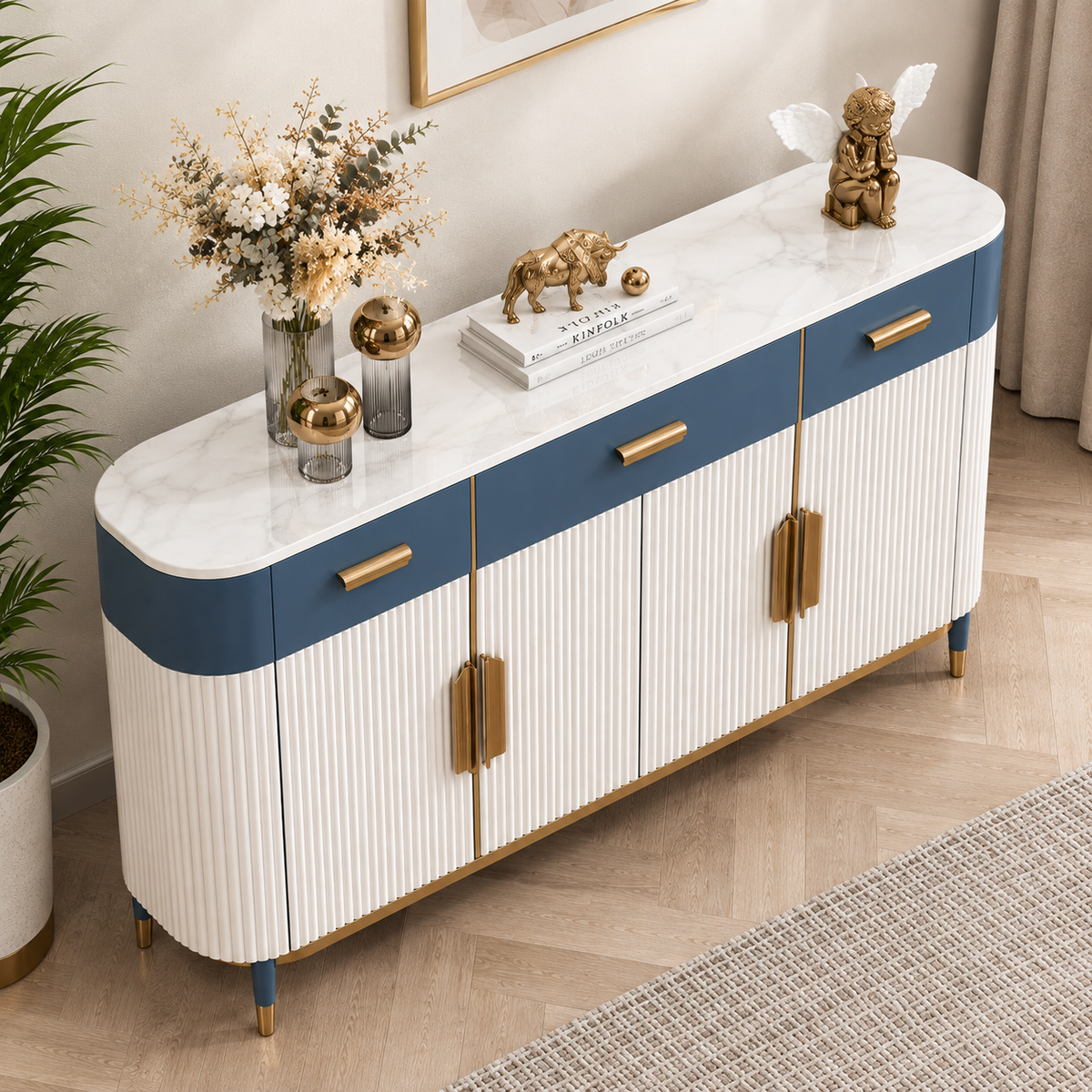 Modern Fluted Sideboard Cabinet with Blue Drawers & Gold Handles