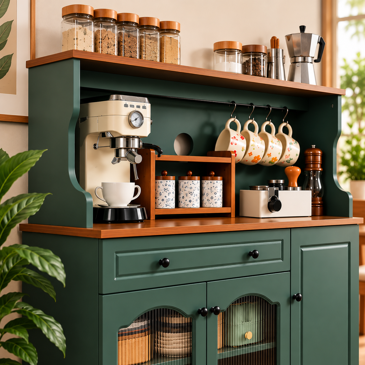 Modern Green Kitchen Buffet Cabinet with Coffee Station