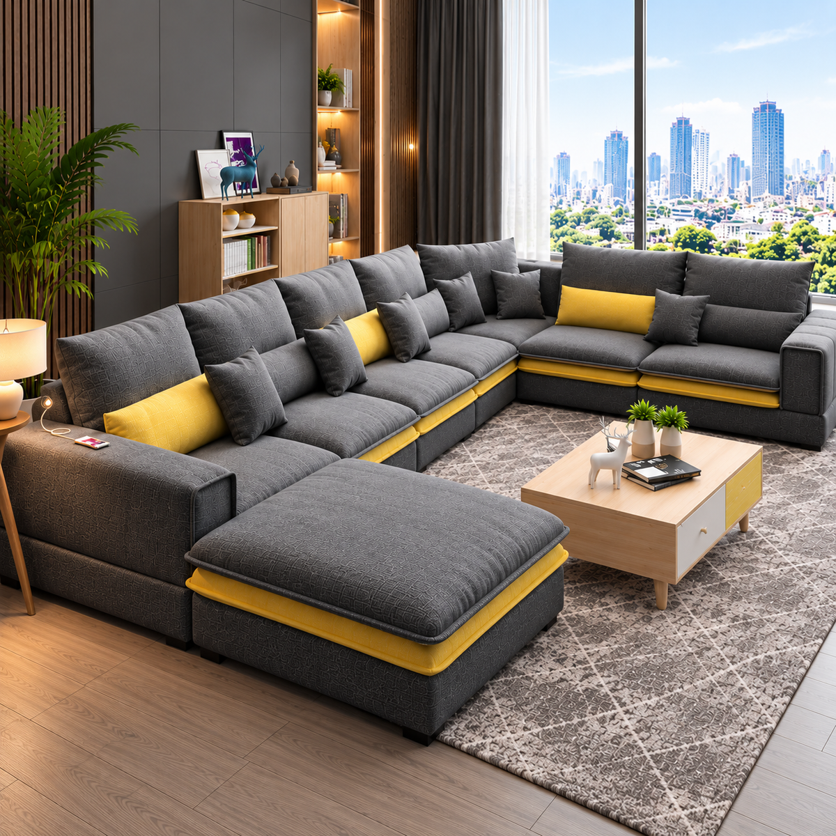 Modern L-Shaped Sectional Sofa Set for Living Room  Luxury 7-Seater Grey Fabric Corner Sofa with Chaise & Yellow Accent