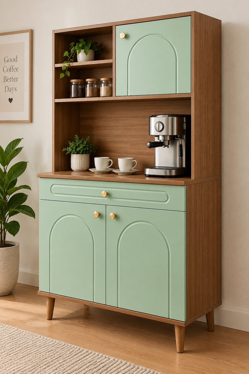 Modern Mint Green Coffee Cabinet with Storage | Wooden Coffee Bar Cabinet | Kitchen Counter Coffee Station Organizer
