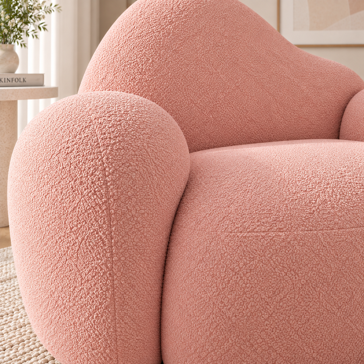 Modern Pink Boucle Accent Chair for Living Room  Cloud Style Curved Lounge Chair  Plush Upholstered Armchair