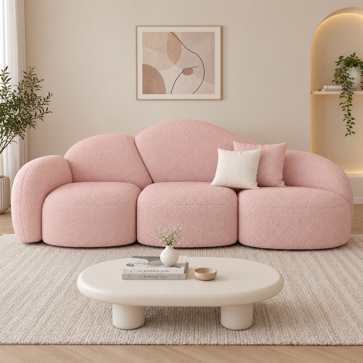 Modern Pink Boucle Sofa for Living Room | Cloud Style Curved 3-Seater Sofa | Plush Upholstered Couch