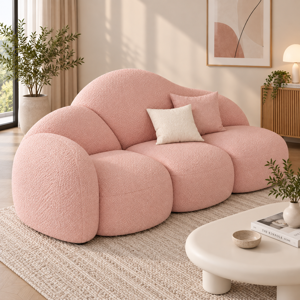 Modern Pink Boucle Sofa for Living Room | Cloud Style Curved 3-Seater Sofa | Plush Upholstered Couch