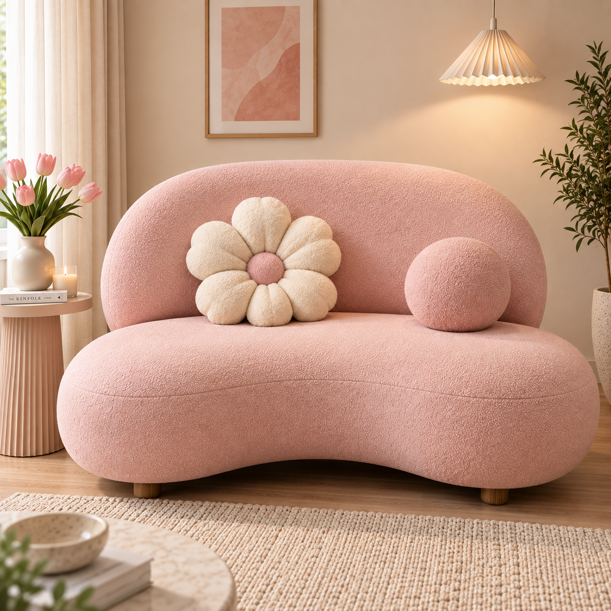 Modern Pink Boucle Sofa for Living Room | Curved Cloud Style 2 Seater Sofa | Plush Upholstered Loveseat