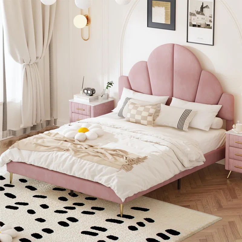 Modern Queen Size Upholstered Bed Frame With Elegant Design And Petal Shape Headboard