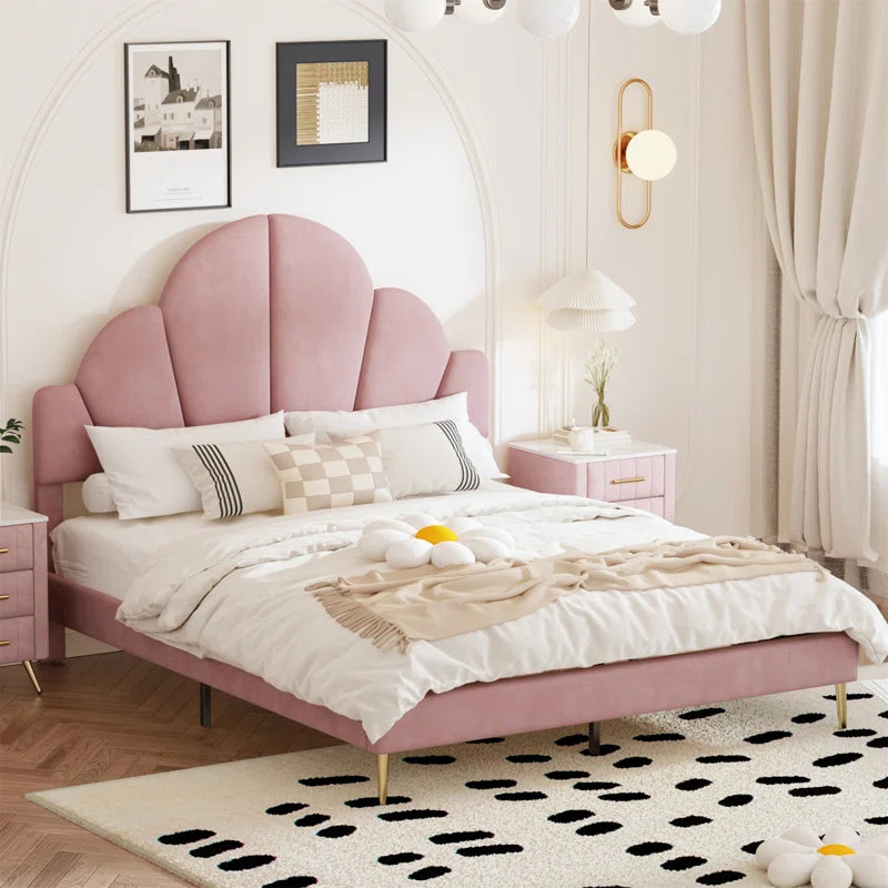 Modern Queen Size Upholstered Bed Frame With Elegant Design And Petal Shape Headboard