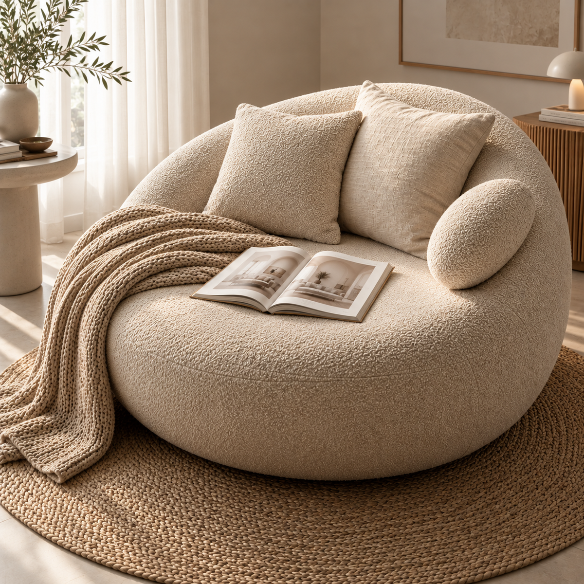 Modern Round Boucle Sofa Chair for Living Room, Oversized Curved Accent Chair with Plush Cushions, Cream Upholstered Lounge Chair for Bedroom, Reading Room & Relaxation
