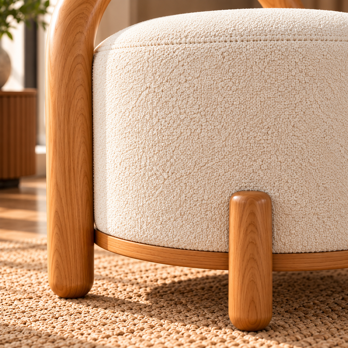 Modern Round Ottoman Stool with Cream Bouclé Upholstery and Wooden Handle, Upholstered Accent Stool for Living Room