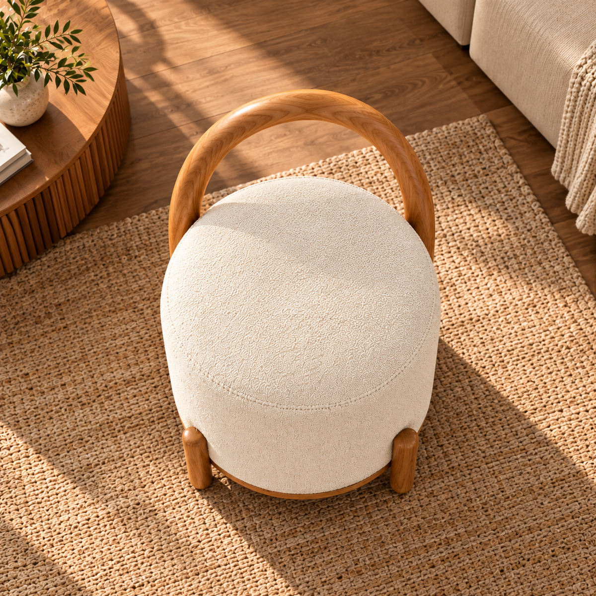 Modern Round Ottoman Stool with Cream Bouclé Upholstery and Wooden Handle, Upholstered Accent Stool for Living Room