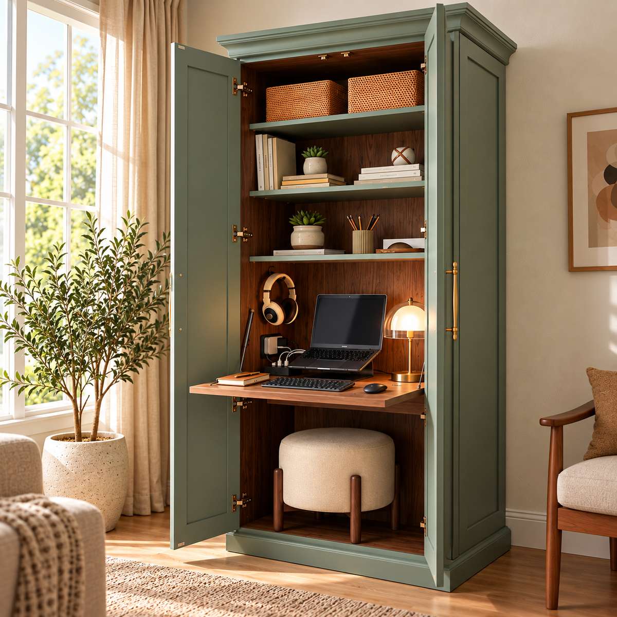 Modern Sage Green Armoire Cabinet with Fold-Down Desk
