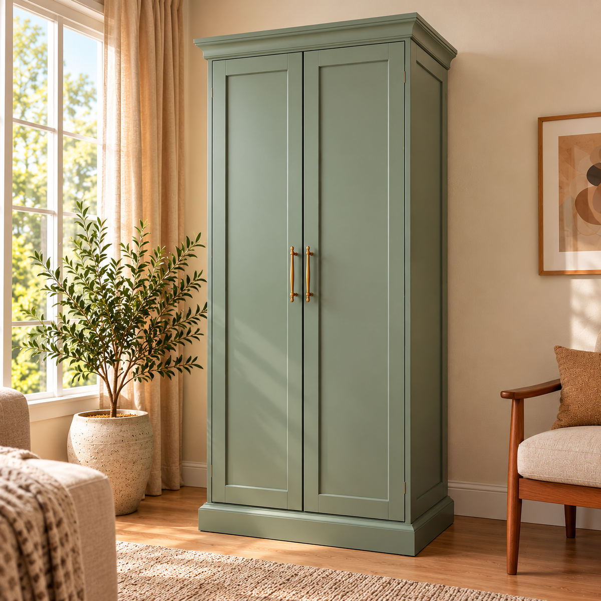 Modern Sage Green Armoire Cabinet with Fold-Down Desk