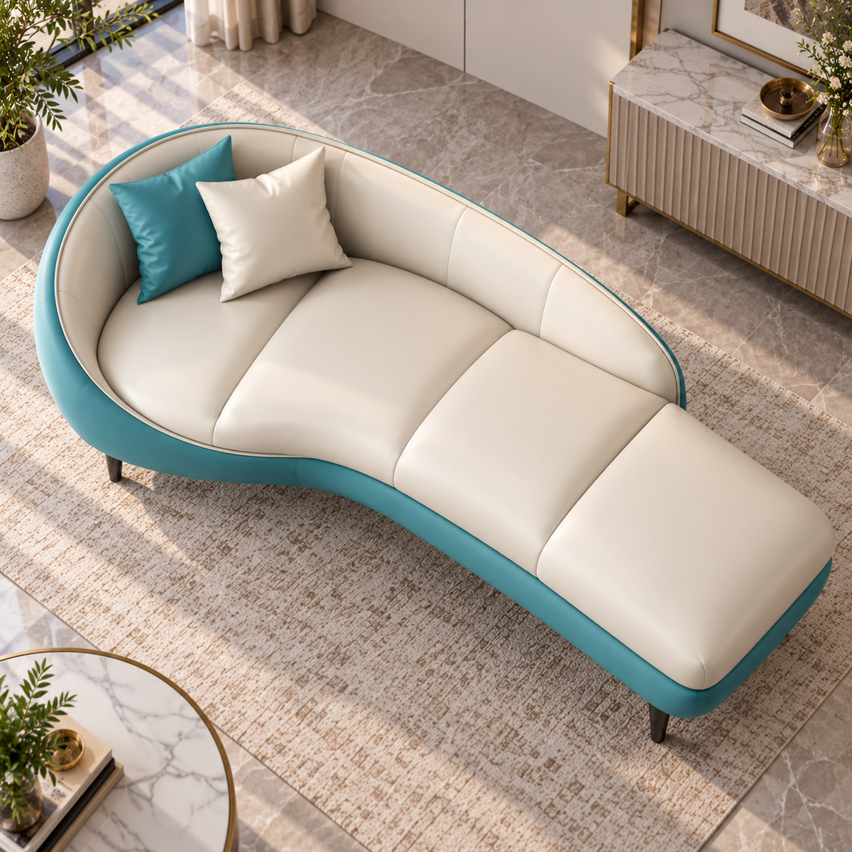 Modern Teal & Cream Chaise Lounge Sofa | Luxury Curved Daybed Sofa with Cushioned Seat