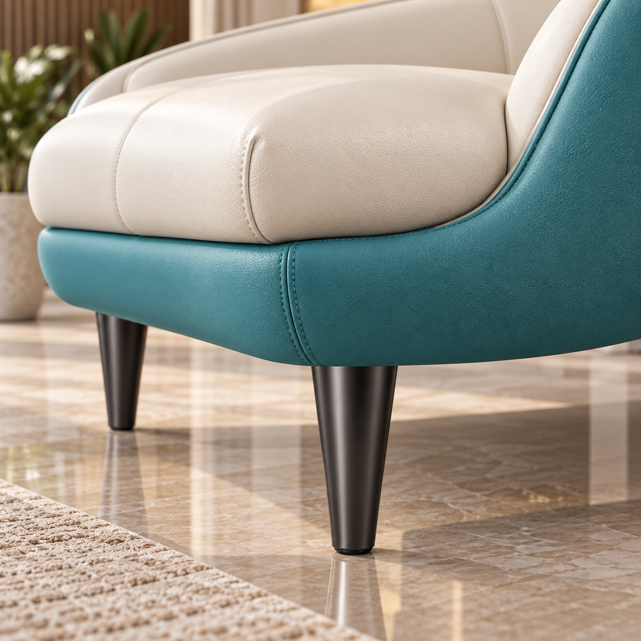Modern Teal & Cream Chaise Lounge Sofa | Luxury Curved Daybed Sofa with Cushioned Seat