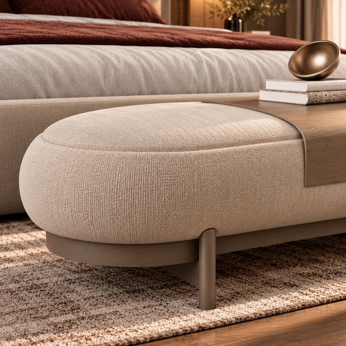 Modern Upholstered Bedroom Bench with Wooden Accent Tray, Rounded Cream Fabric Ottoman with Bolster Cushion and Metal Legs for Bedroom & Living Room