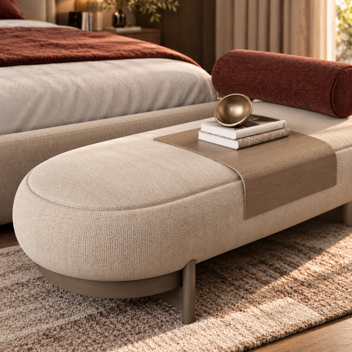 Modern Upholstered Bedroom Bench with Wooden Accent Tray, Rounded Cream Fabric Ottoman with Bolster Cushion and Metal Legs for Bedroom & Living Room
