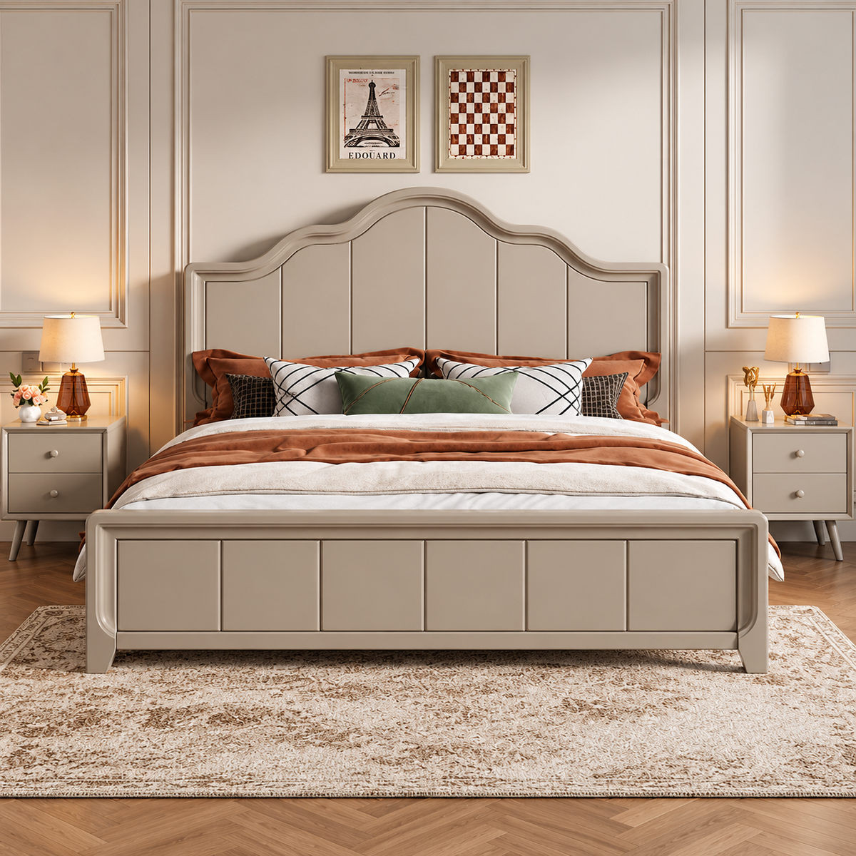 Modern Upholstered Wooden Bed with Scalloped Headboard & Panelled Footboard
