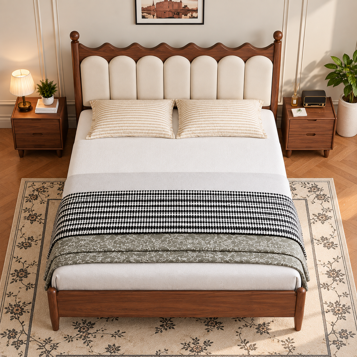 Modern Walnut Wooden Bed with Cream Upholstered Scalloped Headboard