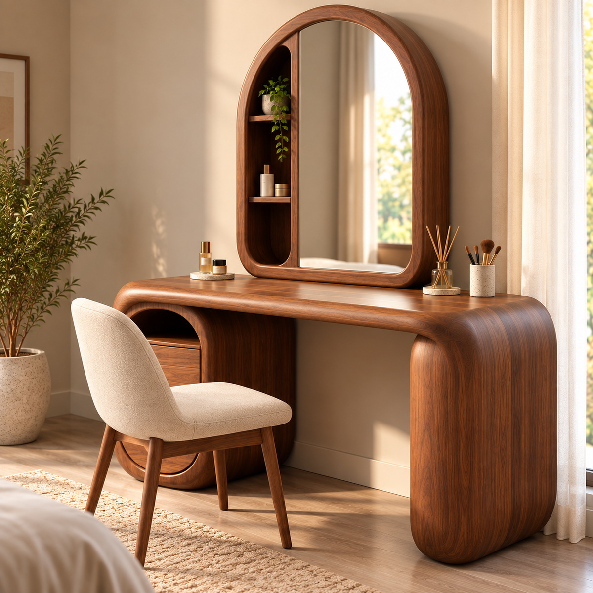 Modern Walnut Dressing Table with Arched Mirror & 3 Drawers