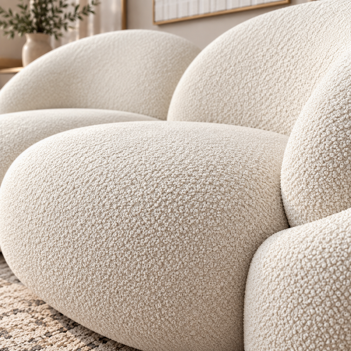 Modern White Boucle 2 Seater Sofa | Luxury Curved Loveseat with Plush Cushions