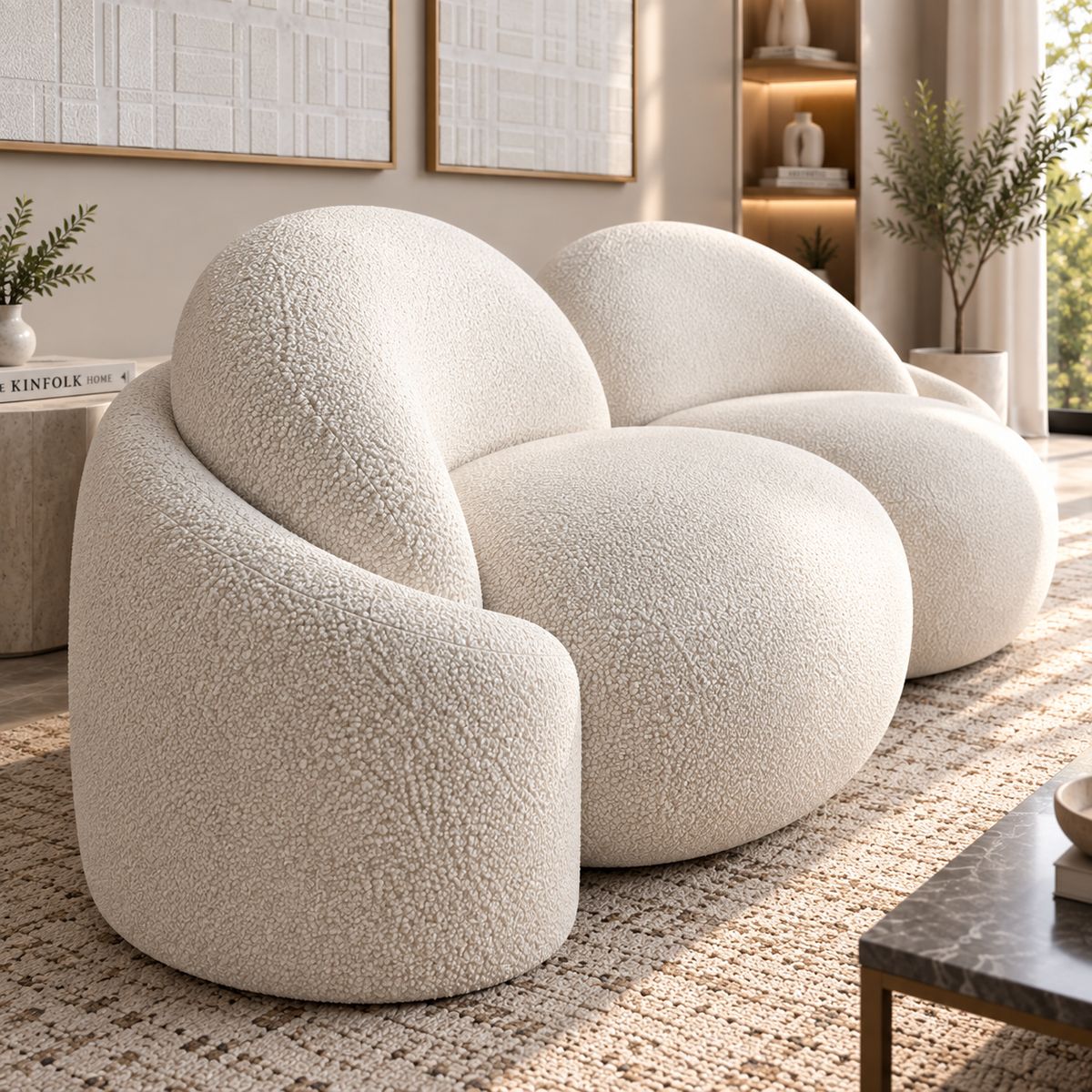 Modern White Boucle 2 Seater Sofa | Luxury Curved Loveseat with Plush Cushions