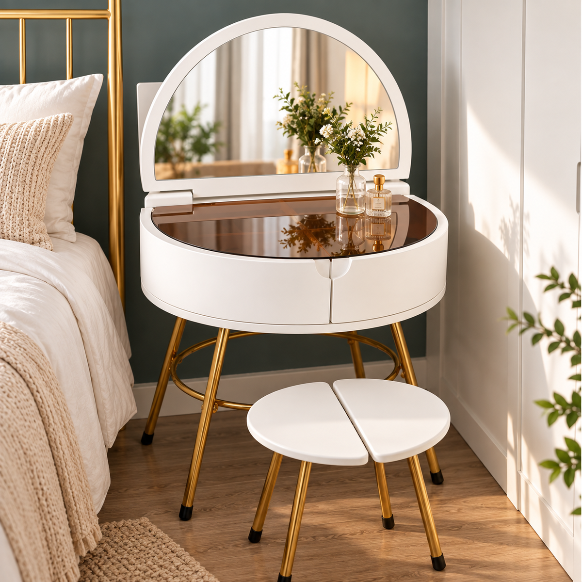 Modern White Dressing Table with Mirror & Stool
