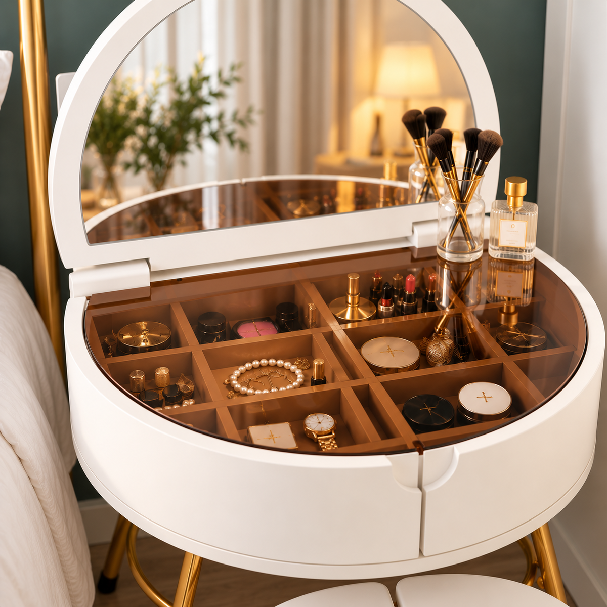 Modern White Dressing Table with Mirror & Stool