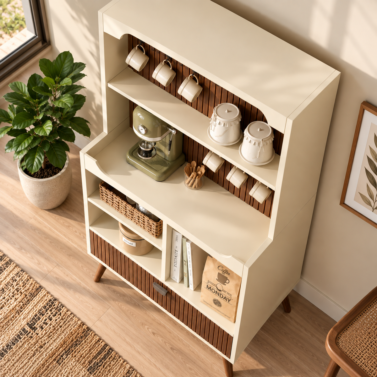 Modern Wooden Coffee Station Cabinet with Open Shelves  Walnut Slatted Coffee Bar Cabinet with Storage