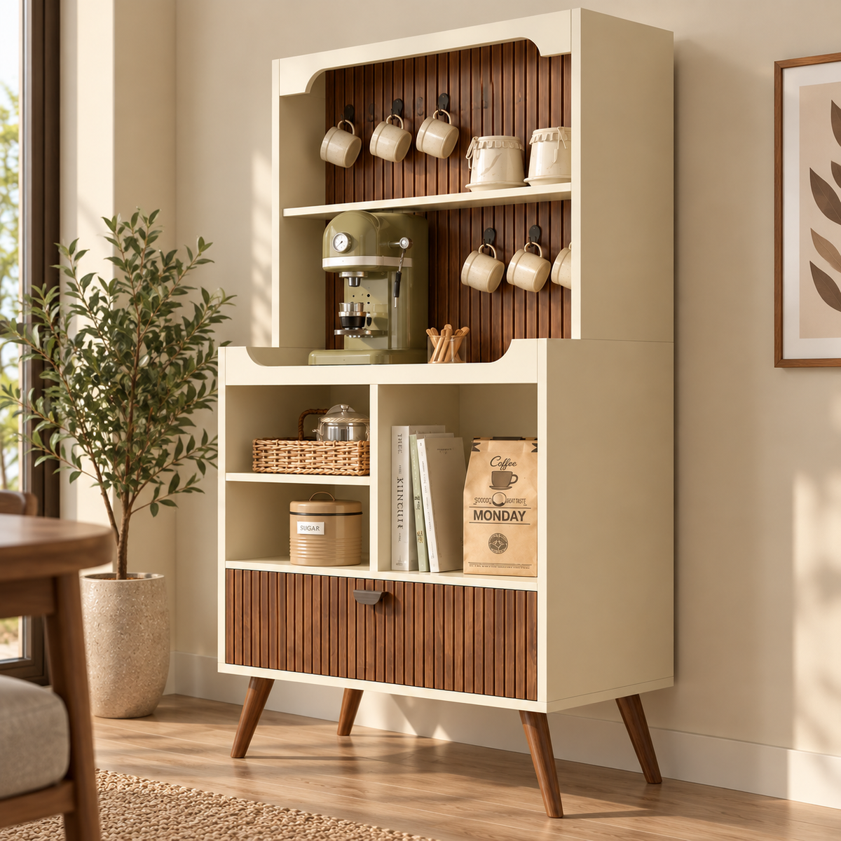 Modern Wooden Coffee Station Cabinet with Open Shelves  Walnut Slatted Coffee Bar Cabinet with Storage