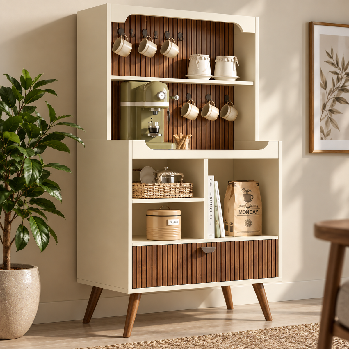 Modern Wooden Coffee Station Cabinet with Open Shelves  Walnut Slatted Coffee Bar Cabinet with Storage