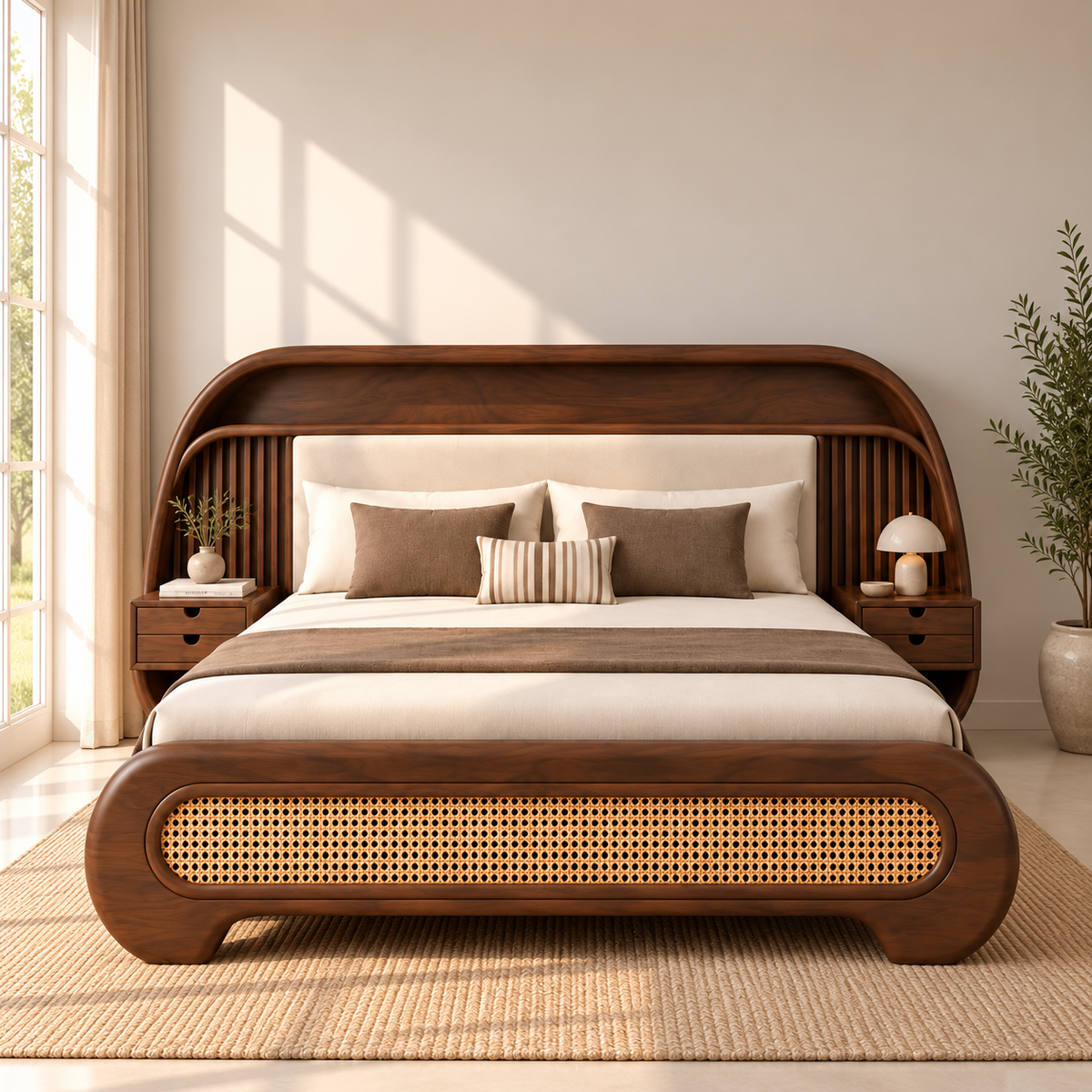 Modern Wooden King Size Bed with Upholstered Headboard, Cane Woven Footboard & Built-in Bedside Tables