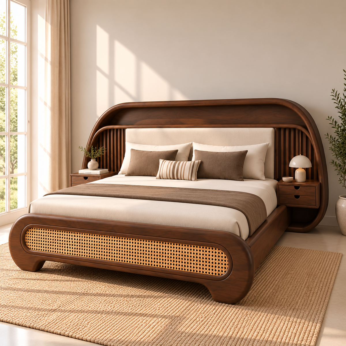 Modern Wooden King Size Bed with Upholstered Headboard, Cane Woven Footboard & Built-in Bedside Tables